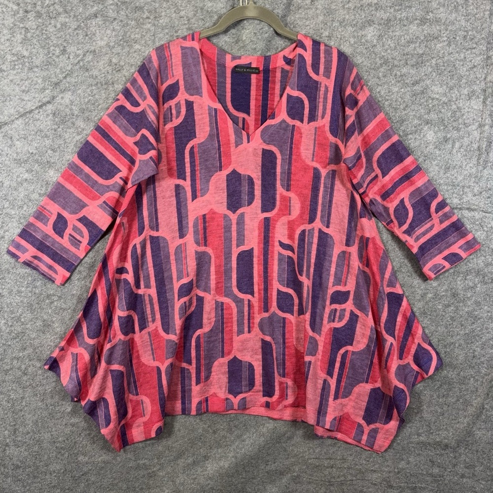 Nally & Millie Sweater Womens Sz L Pink Purple Abstract Art Swing Lightweight